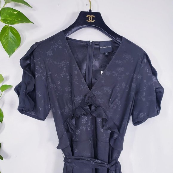 Black Wide Leg Cocktail Jumpsuit XS Satin V Neck Floral Flared Jill Stuart $295 - Picture 5 of 9